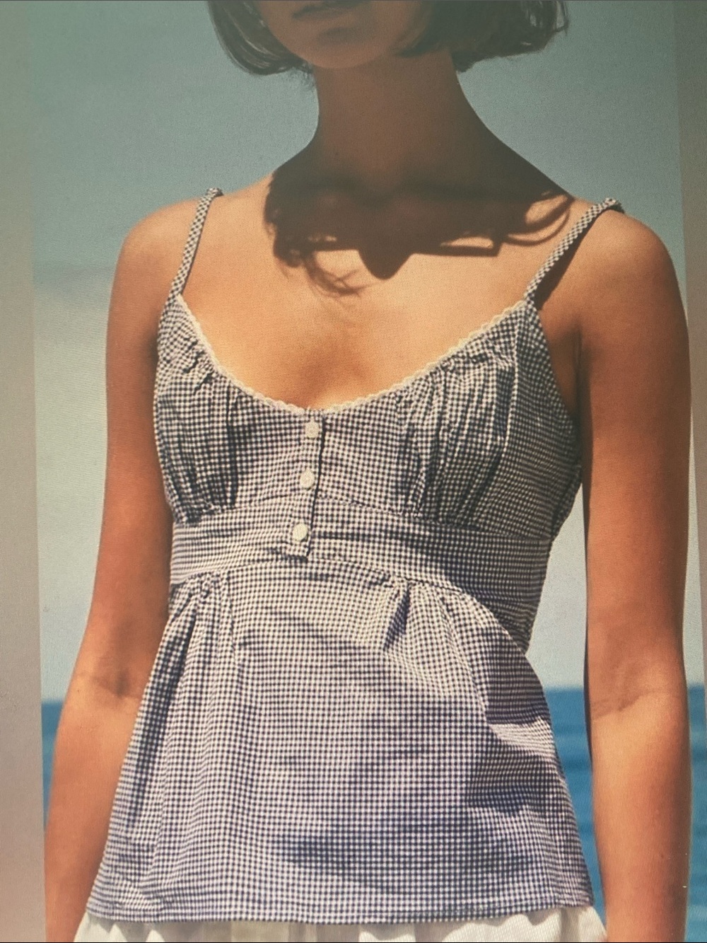 Brandy Melville Navy and White Gingham Button-Front Cami small